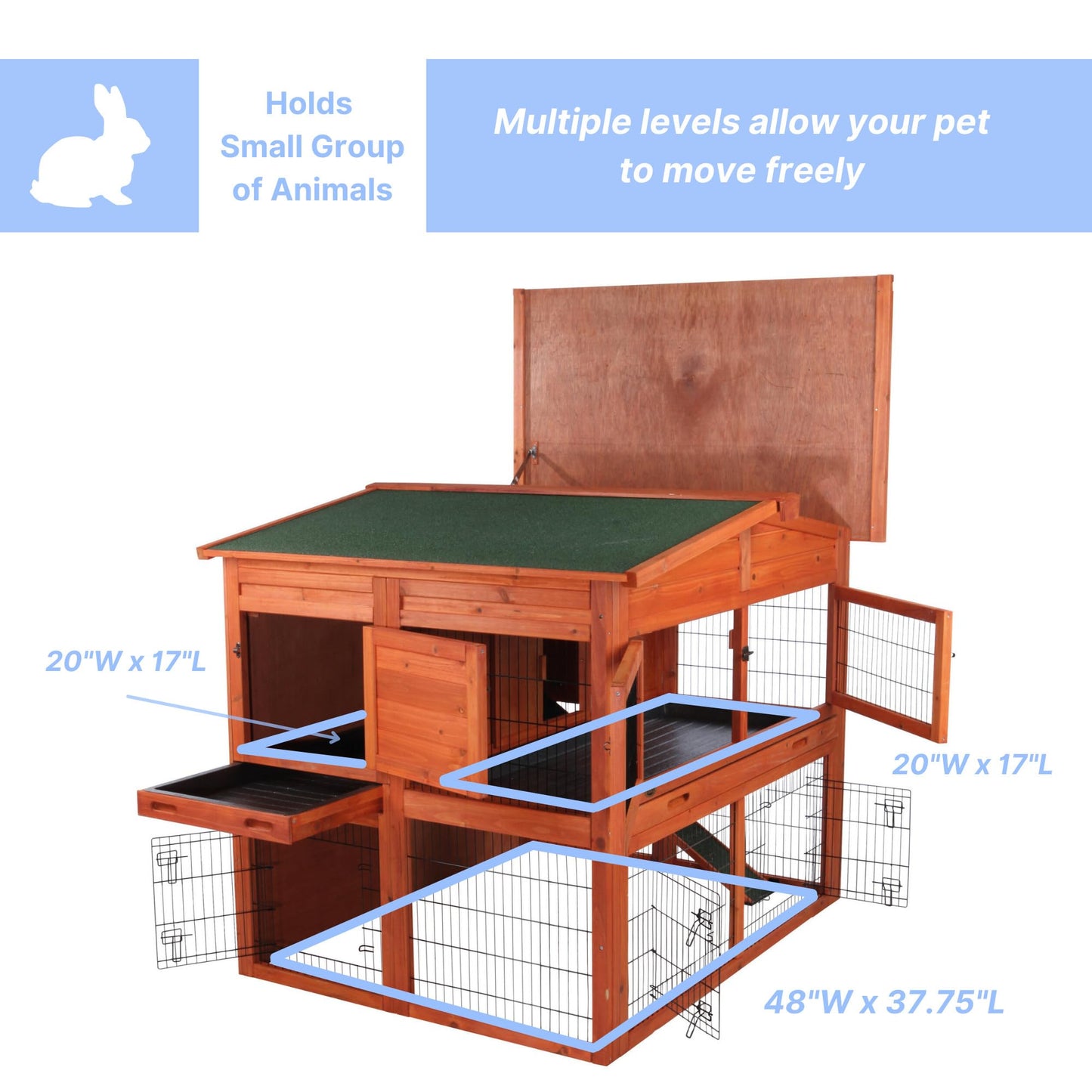TRIXIE natura Outdoor Deluxe Rabbit Hutch with Run - Large 2-Story Rabbit Cage with Non-Slip Ramp - Elevated Small Animal House with Secure Playpen, Hinged Roof & Two Pull-Out Trays - in Natural