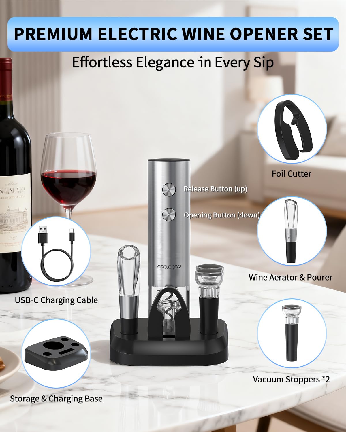 CIRCLE JOY Electric Wine Opener Stainless Steel Rechargeable Automatic Wine Bottle Opener Set 7-in-1 Wine Gifts for Wine Lovers with Charging Base, Foil Cutter, Wine Aerator Pourer & 2 Vacuum Stoppers