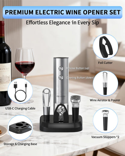 CIRCLE JOY Electric Wine Opener Stainless Steel Rechargeable Automatic Wine Bottle Opener Set 7-in-1 Wine Gifts for Wine Lovers with Charging Base, Foil Cutter, Wine Aerator Pourer & 2 Vacuum Stoppers