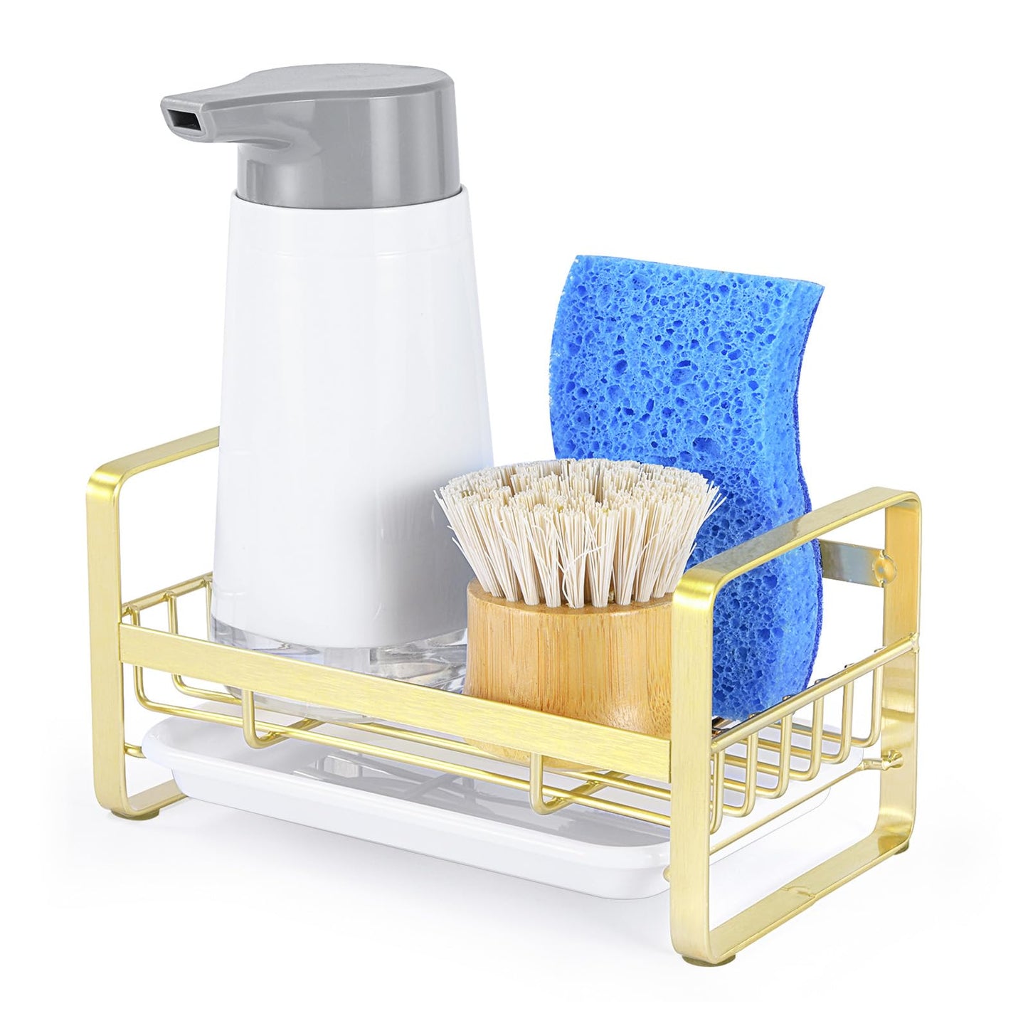 HULISEN Kitchen Sink Sponge Holder, 304 Stainless Steel Kitchen Soap Dispenser Organizer, Countertop Drainer with Removable Tray, not Including Dispenser and Brush, Gold