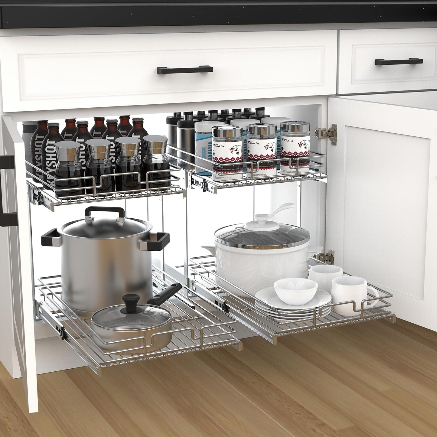 2 Tier Pull Out Cabinet Organizer, 17" W x 21" D Heavy-Duty Metal Sliding Drawer Shelf for Kitchen Cabinets, Chrome, Doesn't Include Door Fittings