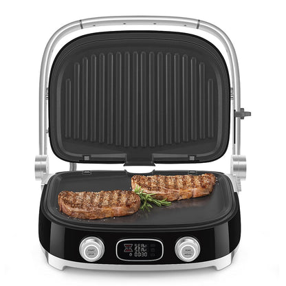 SMEG MGF01 Multi-Use Countertop Electric Grill, with Interchangeable Plates, Panini Press, Waffle Maker & Grill, LCD Display, Sear Function, Adjustable Temperature, 50’s Retro Style – (Black)