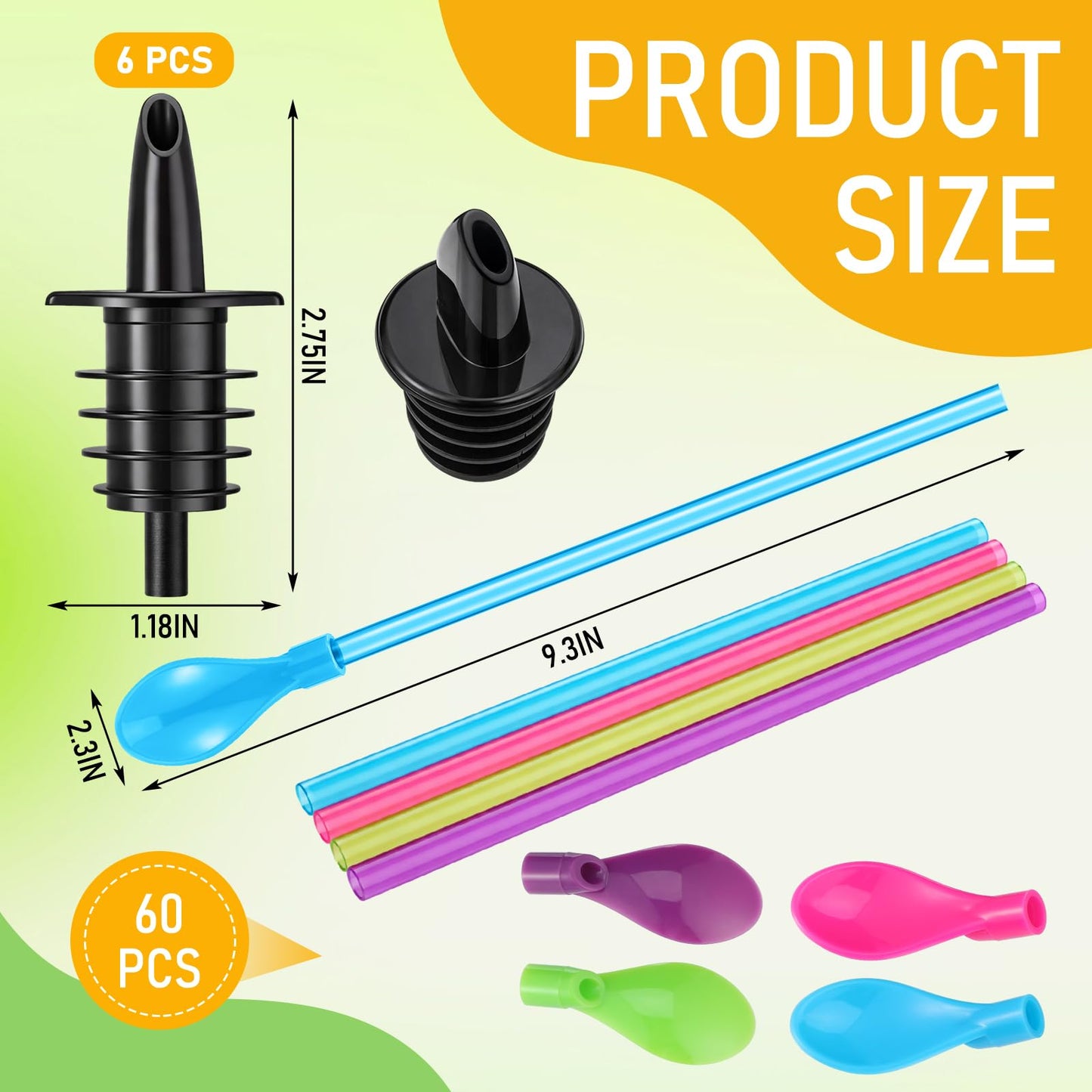 Sliner 6 Pcs Ice Syrup Precise Control Bottle Pouters 60 Pcs Hard Plastic Spoon Straws 9 in Detachable Kitchen Utensil Stirring Coffee Spoon, Professional Pour Spouts for Snow Cone & Drink Flavors