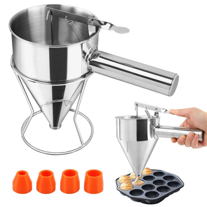 Cake Batter Dispenser, Stainless Steel Funnel Cake Dispenser with 4 Silicone Nozzles with Stand Baking Tool for Pancakes Cupcakes Muffins Crepes Waffles(40oz,1200ml)