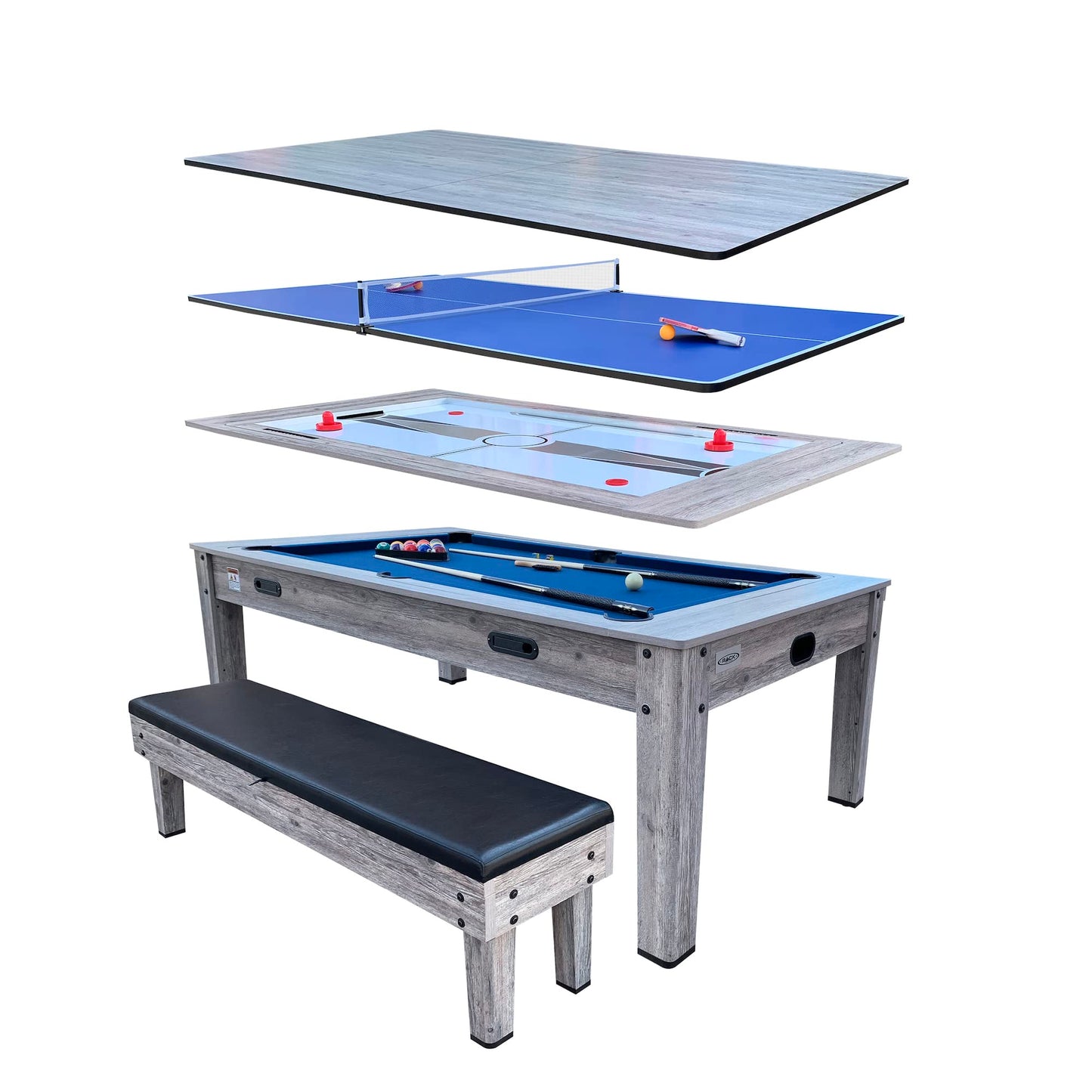 RACK Luxor 7.5-Foot 4-in-1 Multi-Game Swivel Billiard/Pool Table (Blue Felt with 1 Bench) – Pool Table, Table Tennis, Air Hockey & Dining Table – Portable Multi Game Table for Adults & Kids