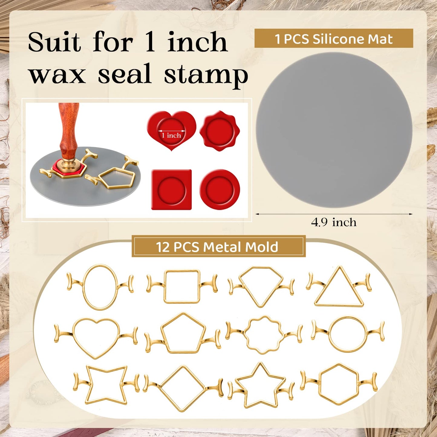 Tessco for you 12 Pcs Metal Wax Seal Mold for 1 Inch Wax Seal Stamp and Silicone Mat Kit for Gift Wrapping DIY Thank You Card Craft Wedding Invitations Envelopes Wine Packaging