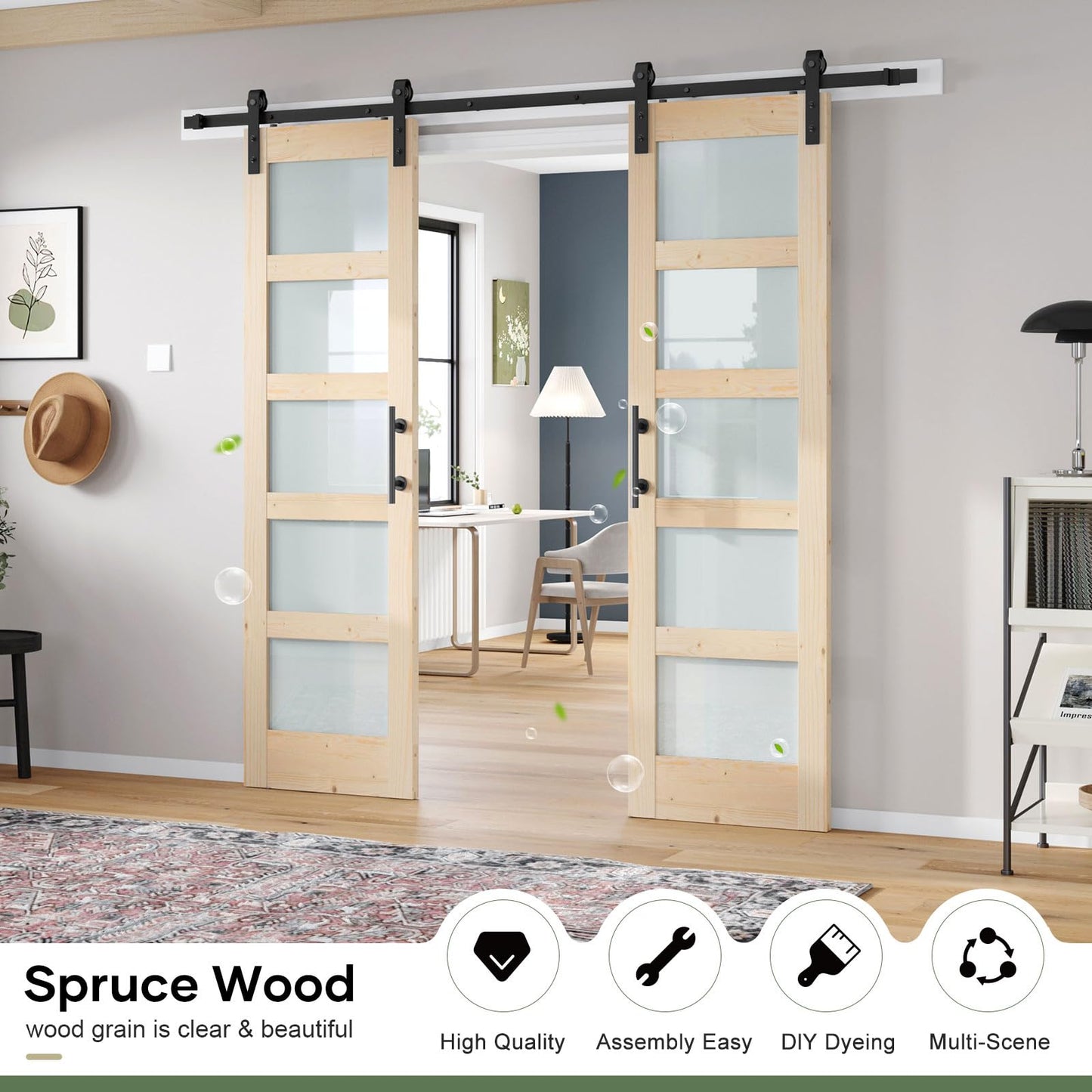 ROYMELO Double 24×84 inch Glass Sliding Barn Door Slab with 8ft Hardware Kit Included, 5-Panel Frosted Glass, Spruce Wood Support DIY Dyeing, Easy Assembly