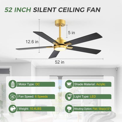 Ceiling Fans with LED Lights, 52 Inch 5-Blade Ceiling Fan Remote Control, Industrial Ceiling Fan with Reversible DC Motor, Downrod Mount LED Ceiling Light Chandelier for Bedroom (Gold & Black)