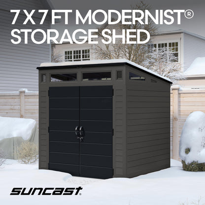 Suncast Modern Outdoor Storage Shed, 200 cu. ft. Peppercorn Resin Shed for Lawn Mower, Bikes, Utility Tools, Patio, & Yard. Weatherproof & Lockable Modern Sheds & Outdoor Storage, Made in USA