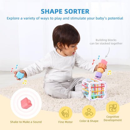 OOOK Montessori Toys for 1 Year Old, 7 in 1 Learning Educational Kit with Sensory Bin,Nesting Box, 3 in 1 Educational Box,Pounding Bench and Baby Stacking Cups