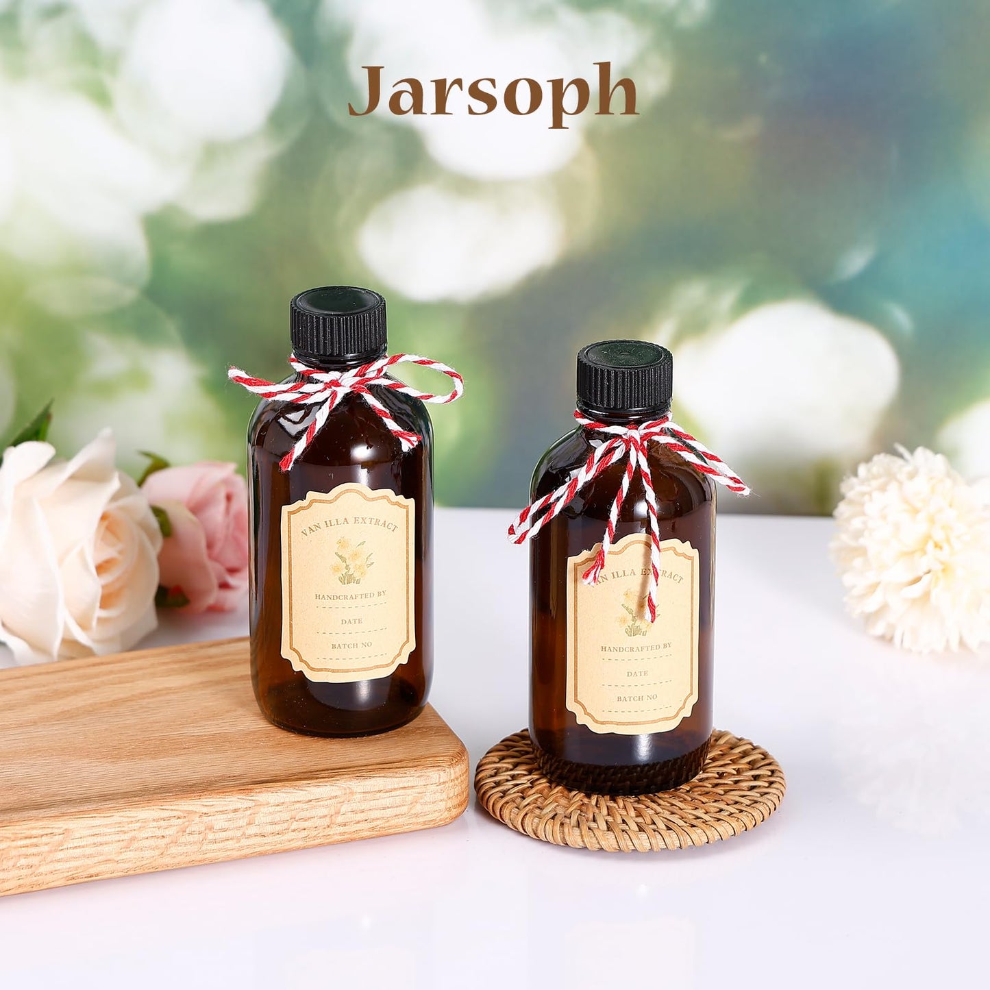 Jarsoph 4oz Amber Glass Bottles 8 PCS - Brown Boston Round Glass Bottles for Homemade Vanilla Extract, Essential Oils, Herbal Medicine, DIY Crafting - UV Protective 8 Pack Bottles for Syrup, Sauce