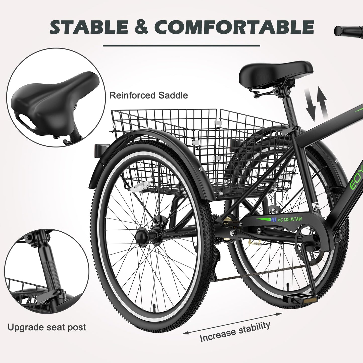 ABORON Adult Mountain Tricycle, 7-Speed 3-Wheel Mountain Bikes 24/26/27.5inch Available, Front Suspension, Disc Brake