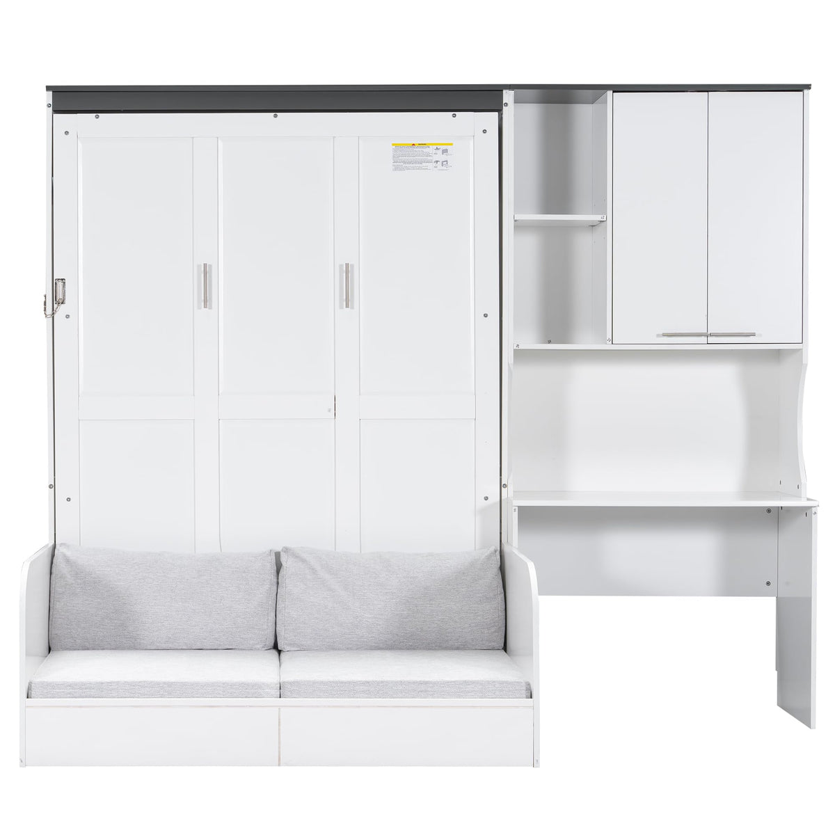 Merax Farmhouse Multi-Functional Murphy Bed with Sofa, Desk & Storage Cabinet,Solid Wood Foldable Wall Bed/Space Saving/No Box Spring Needed/Full,White + Gray
