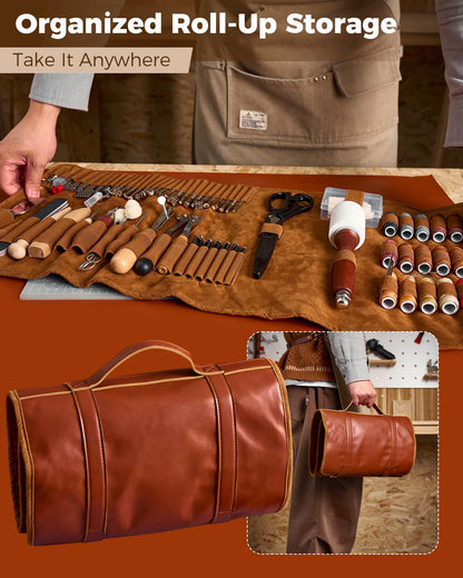 SakerNeo Leather Working Tools - 101pcs Stainless Steel & Wood Handle Sewing kit with 4mm Stitching chisels (1/2/4/6), 18 Waxed Thread, Hole Punch & Stamping Tools for DIY Wallet Belt Bag Repair