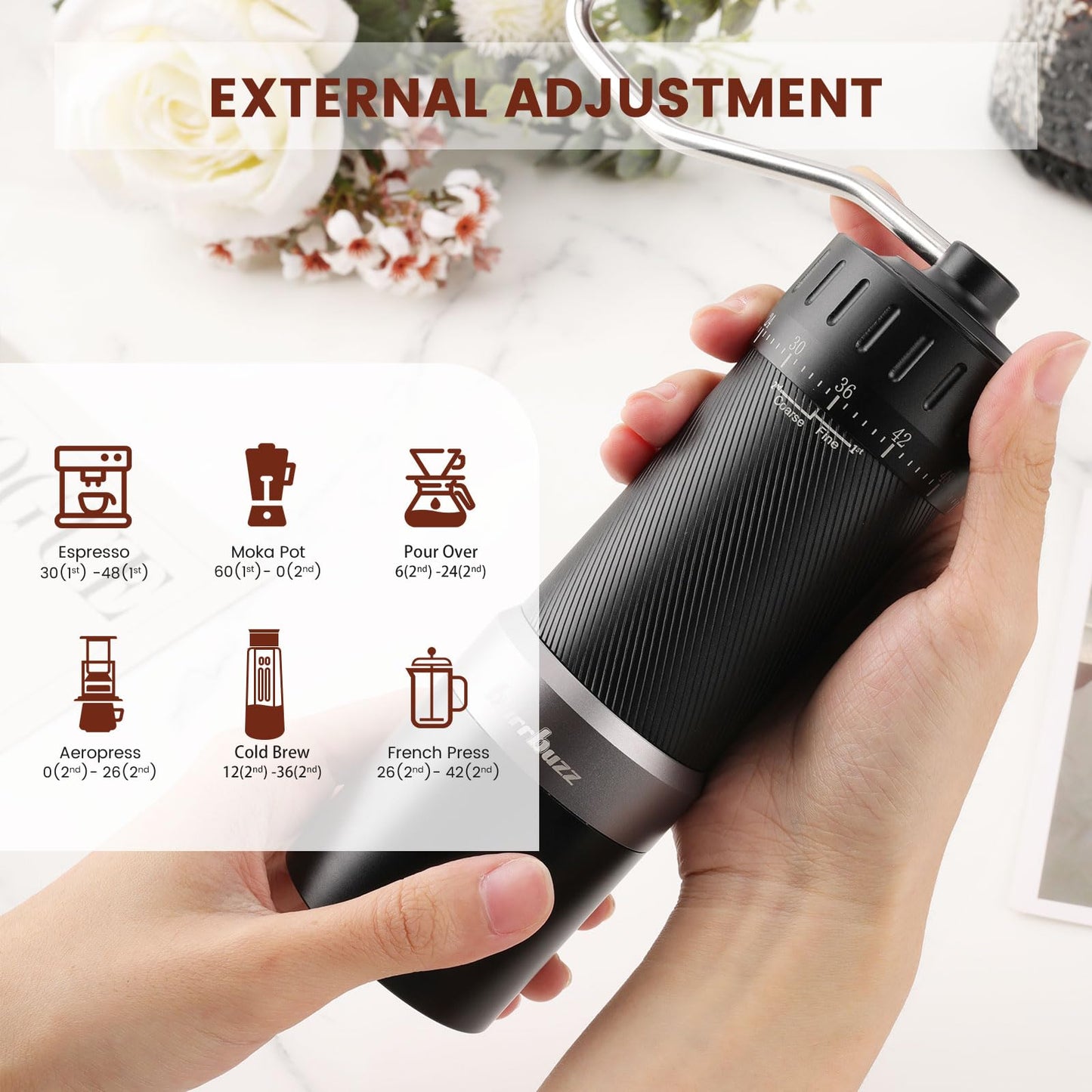 burrbuzz MB2 Manual Coffee Grinder, External Adjustment, 35g Large Capacity Burr Grinder, Magnetic Catch Cup Less Mess, Stainless Steel Burr Espresso Grinder Great Flavor in Pour Over, French Press