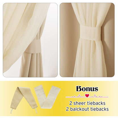 NICETOWN Bedroom Nursery Biscotti Beige Curtains Double-Layered Sheer & Blackout Panels with Free Tie-Backs, Home Decor Window Drapes for Kids (2 Panels, 52 inches Wide x 72 inches Long)