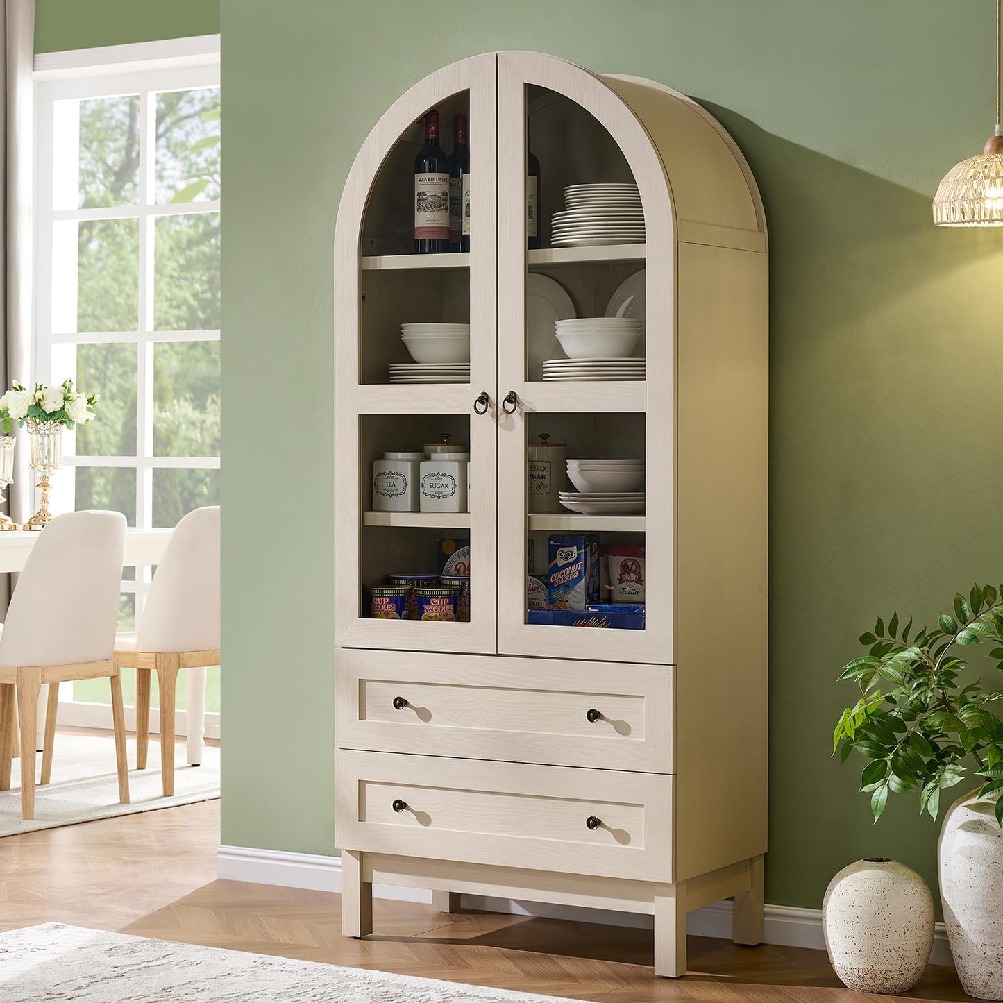 IFGET 71" Tall Arched Kitchen Pantry Cabinet, Wood Kitchens Storage Cabinets with 2 Large Drawers and Adjustable Shelves, Modern Farmhouse Versatile Cupboard for Kitchen, Dining Room, Bathroom, Cream