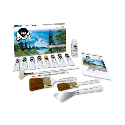 Jerry's Artarama Exclusive Set of 6 Bob Ross Oil Painting Set with Easel, 32oz Lavender Brush Cleaner, Acrylic Palette, Brushes, Canvases, and Cleaning Bucket and Screen