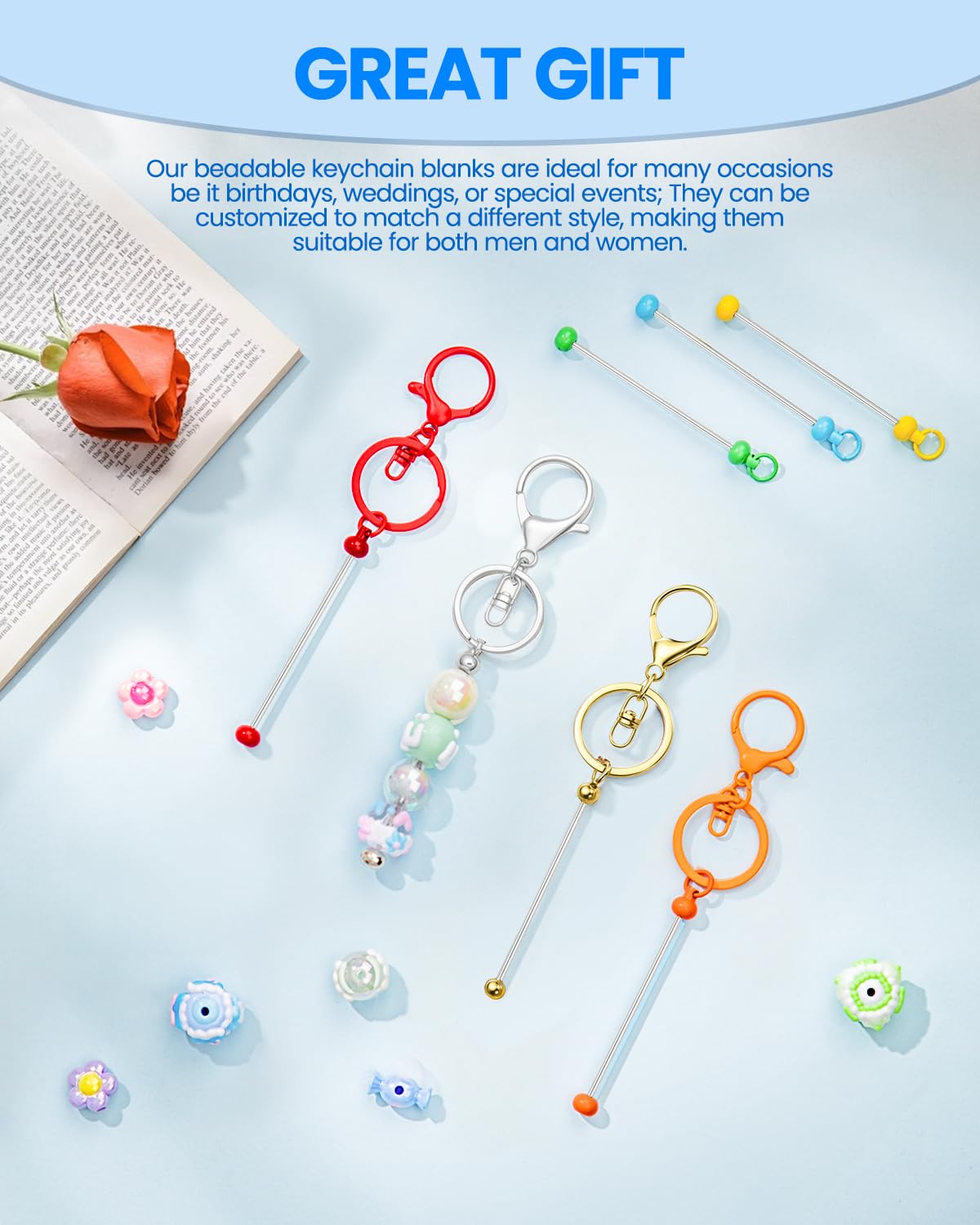 RQAYE 30pcs Beadable Keychains Keychain Bulk kit Cute Blank Bead Keychain Strip DIY Men's and Women's Making Supplies Crafts, Jewelry, Bag Accessories, Customized Project Gifts (Multicolor)