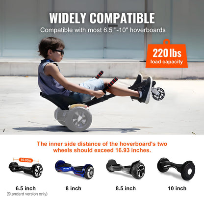 VEVOR Hoverboard Seat Attachment with LED Lights, for 6.5" 8" 8.5" 10" Hoverboards, Adjustable Frame & Grips Control, 220 LBS Load Capacity, Hoverboard Go Karts Accessory for Kids and Adults