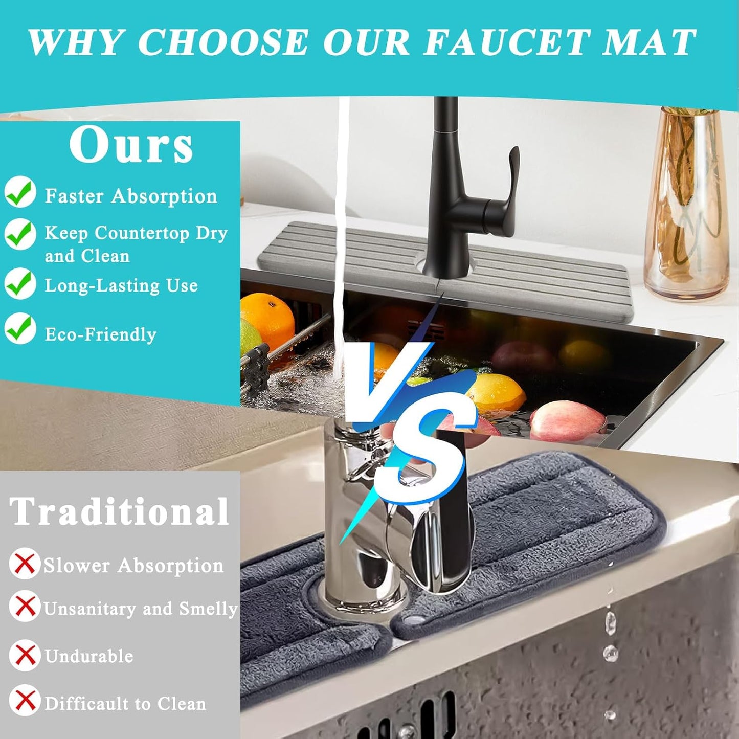 Diatomite Kitchen Faucet Mat, Quick Drying Splash Guard for Sink, Grey Water Absorbing Stone Tray for Countertop