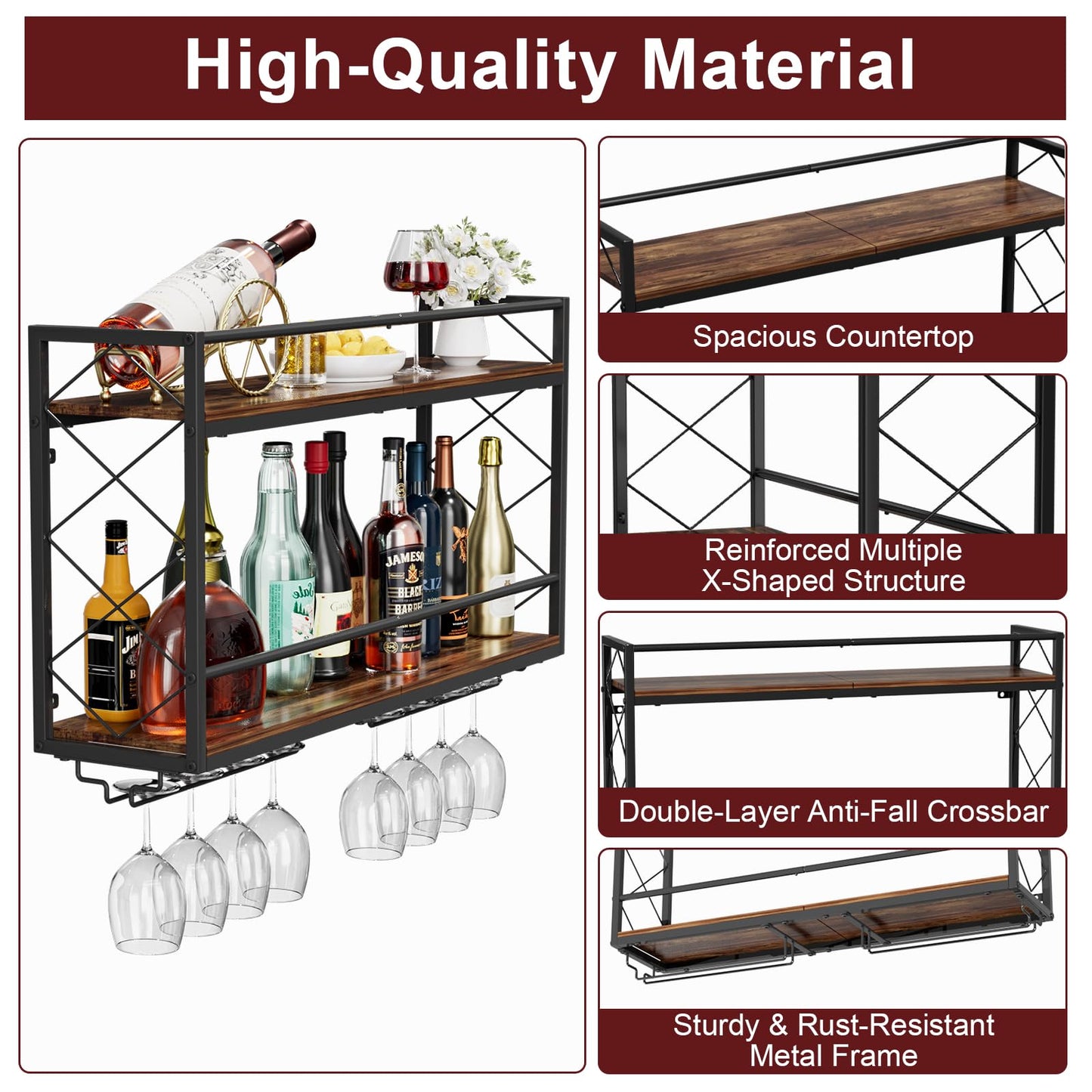 NEYCIL Wine Rack Wall Mounted 2 Tier Wall Wine Rack with Glass Holder, Double Layer Anti-Drop Crossbar, 31.5" Metal Wood Wall Mount Wine Holder for Home Kitchen Dining Room Coffee Shop Bar, Black