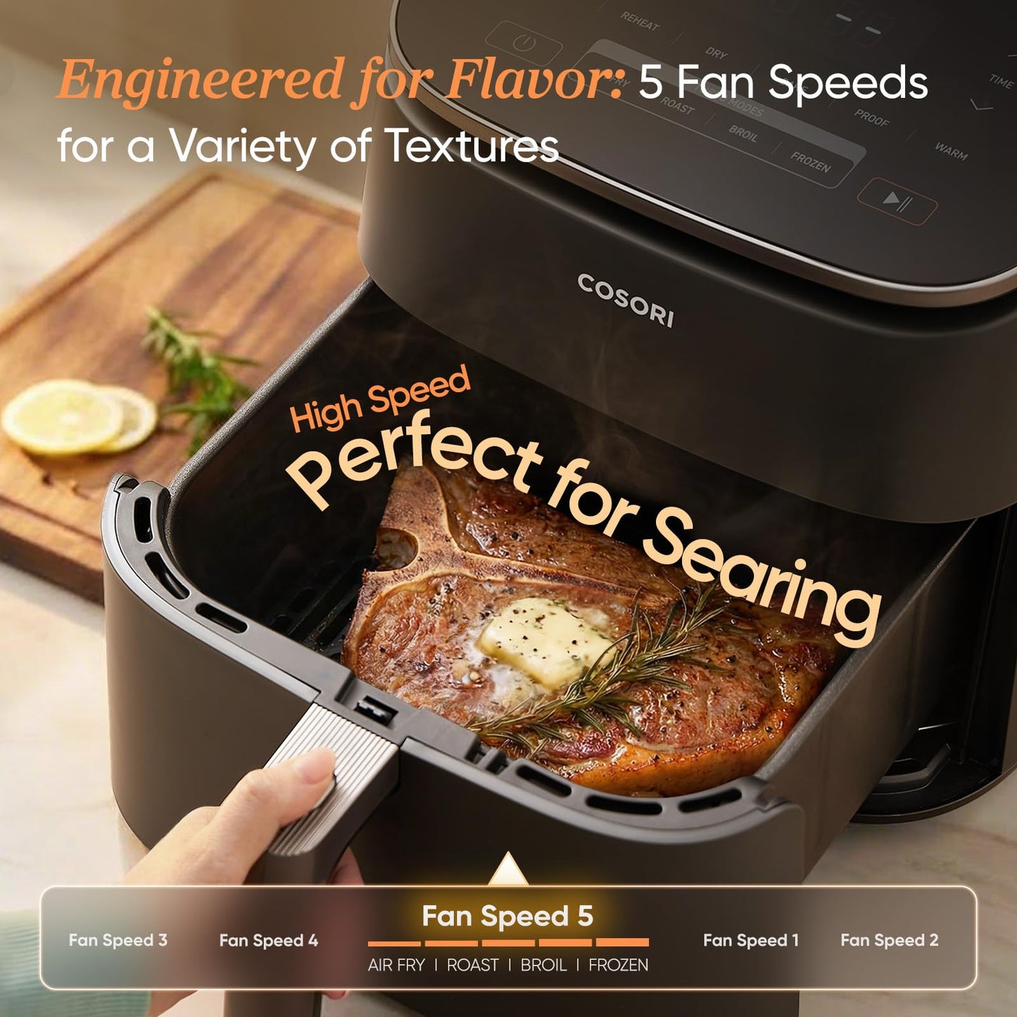 Cosori 9-in-1 TurboBlaze Air Fryer 6 Qt, PFAS-Free Ceramic Coating, 90°–450°F, Precise Heating for Even Results, Air Fry, Roast, Bake, Broil, Dry, Frozen, Proof, Reheat, Keep Warm, 120V, Dark Gray