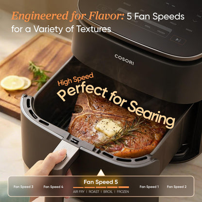 Cosori 9-in-1 TurboBlaze Air Fryer 6 Qt, PFAS-Free Ceramic Coating, 90°–450°F, Precise Heating for Even Results, Air Fry, Roast, Bake, Broil, Dry, Frozen, Proof, Reheat, Keep Warm, 120V, Dark Gray