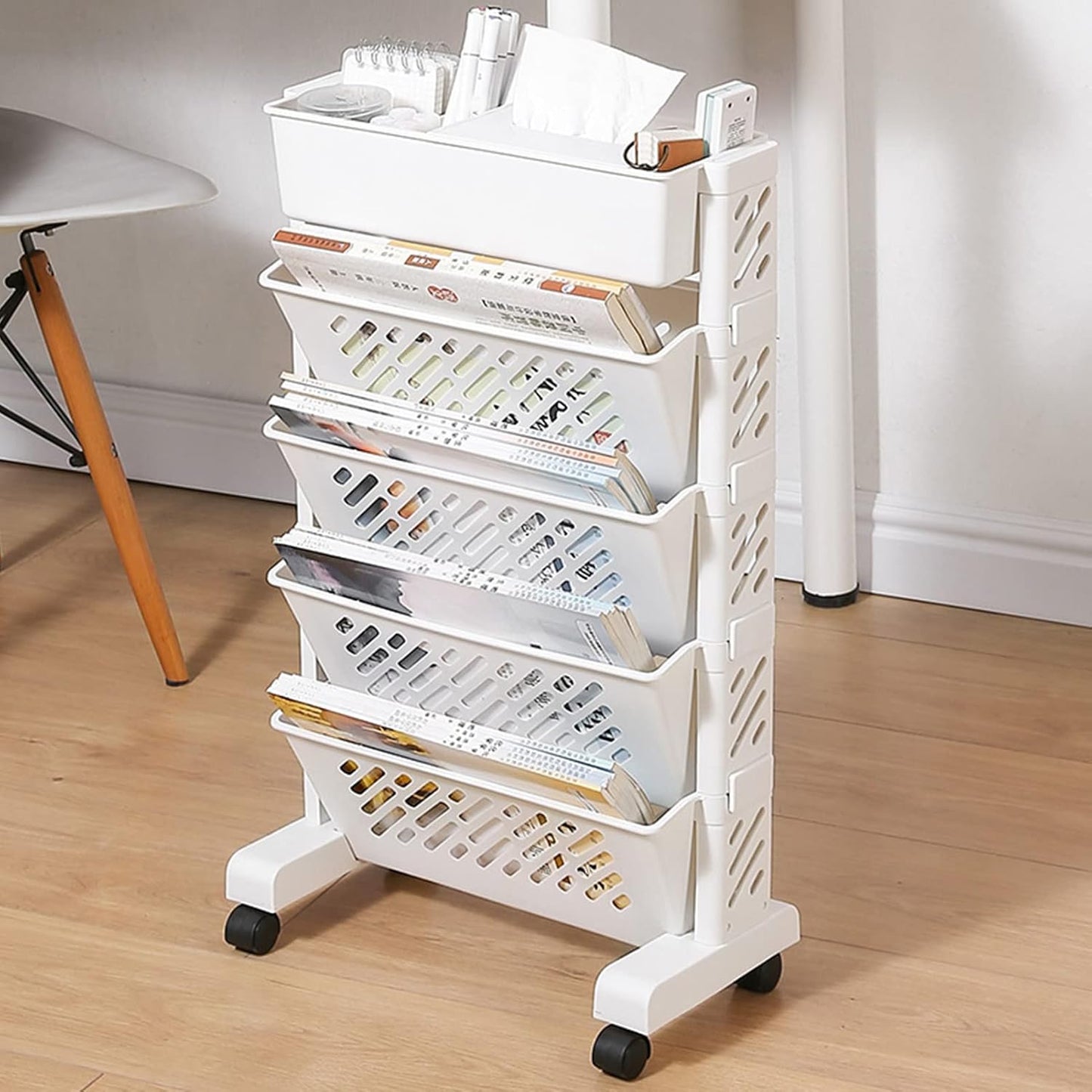 Carts with Wheels, Rolling Organization Shelf Desk Organizer, 5-Tier Plastic Rolling Utility Cart for Office