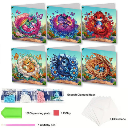 6 Packs DIY Diamond Art Cards Kit, Diamond Art Painting Cards, Diamond Art Cards with Envelope for Christmas Birthday Thanksgiving Day Holiday (Bud Dragon)