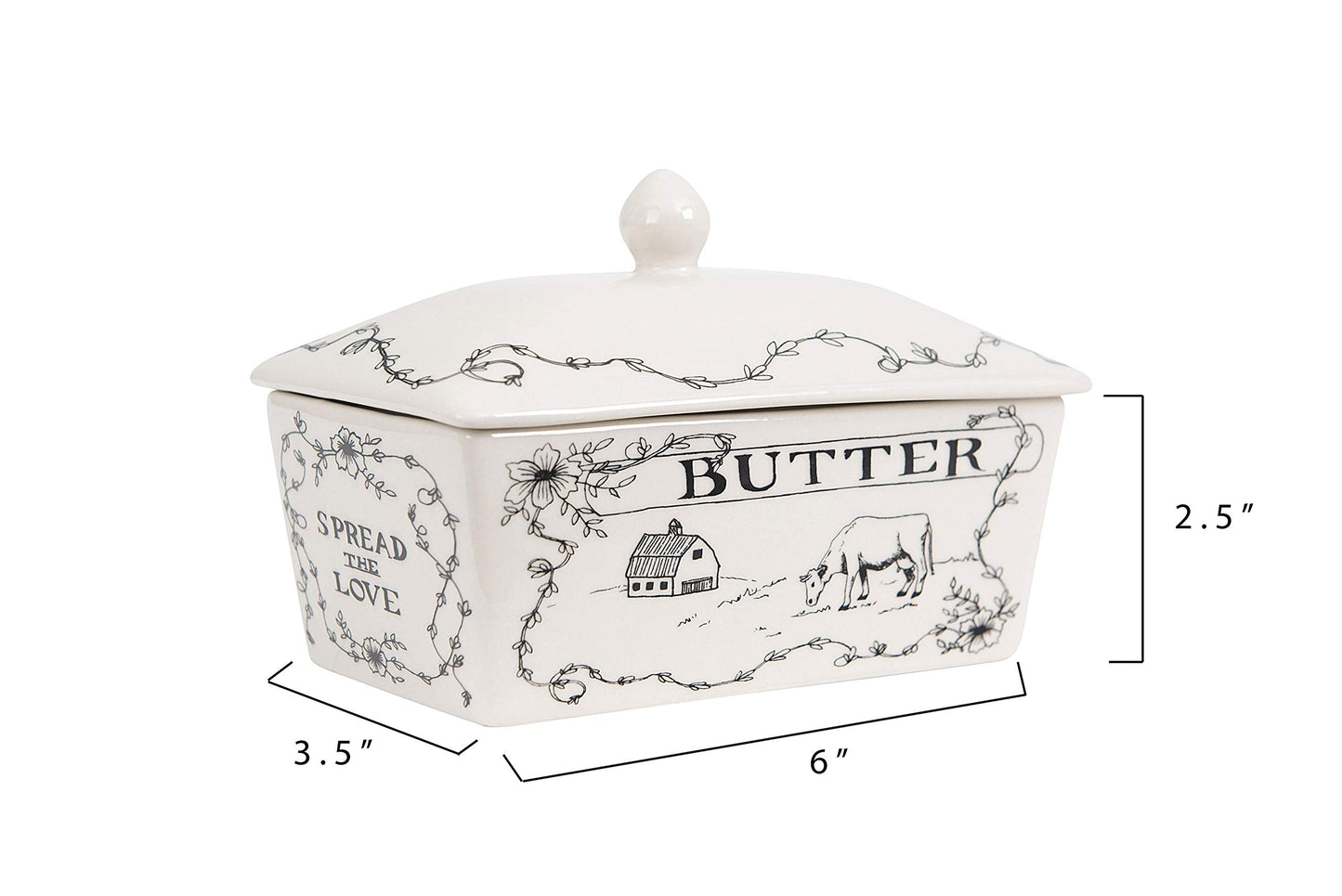 Creative Co-Op Country Stoneware Butter Dish with Lid, "Spread the Love" Message, and Farm Line Drawing, White and Black, Food, Microwave, and Dishwasher Safe