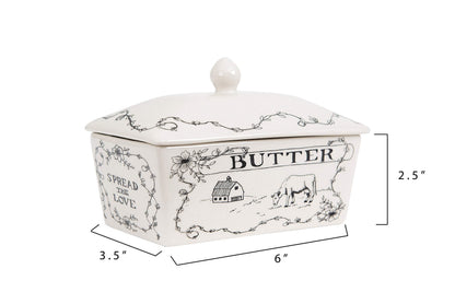 Creative Co-Op Country Stoneware Butter Dish with Lid, "Spread the Love" Message, and Farm Line Drawing, White and Black, Food, Microwave, and Dishwasher Safe