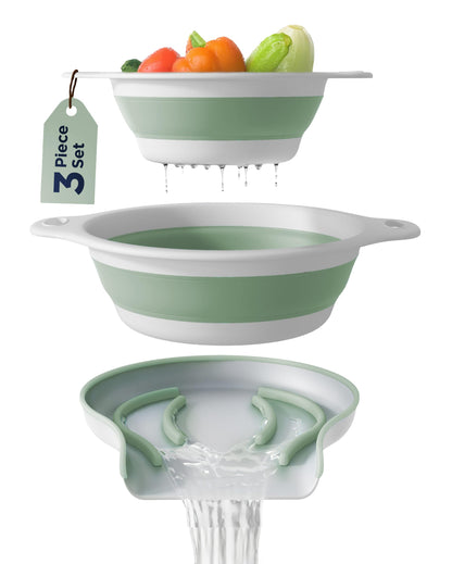 Collapsible Colander Strainer, Includes Over-sink Countertop Draining Base (5QT) Large Kitchen Drainer for Vegetables Fruit and Pasta, Round Foldable Draining Basket, Easy Storage (White)
