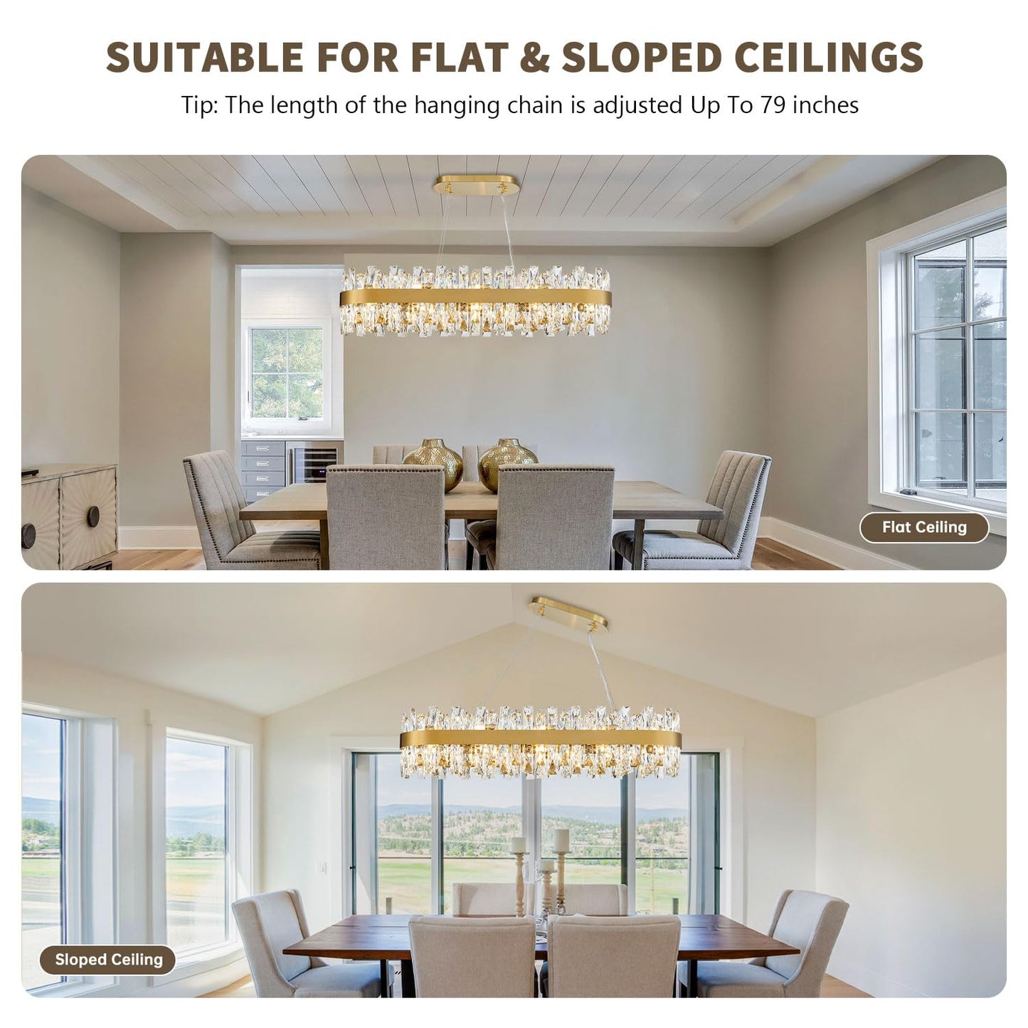 TMAFON Modern Brass Gold Crystal Chandelier, Rectangle K9 Crystal Raindrop Chandelier Lights, Contemporary Ceiling Hanging Light Fixtures for Kitchen Island Dining Room, Length 35.4 inches