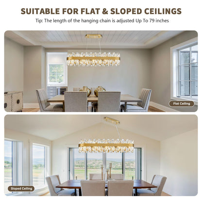TMAFON Modern Brass Gold Crystal Chandelier, Rectangle K9 Crystal Raindrop Chandelier Lights, Contemporary Ceiling Hanging Light Fixtures for Kitchen Island Dining Room, Length 35.4 inches