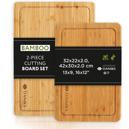 Daniks Bamboo Cutting Board Set of 2 with Juice Groove, XL 16x12 & L 13x9 in – Cutting Boards for Kitchen, Meal Prep, Serving & Charcuterie, Heavy‑Duty