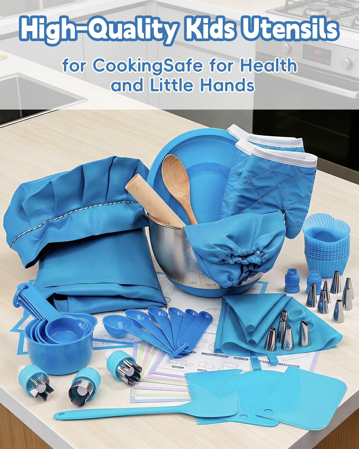Kids Baking Set–Real Cooking Set for Kids with Kids Cooking Utensils & Kitchen Accessories, Measuring Tools & Baking Supplies,Great Gift for Pretend Play & Montessori Learning (Blue)