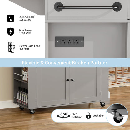IDEALHOUSE Rolling Kitchen Island with Drop Leaf Countertop, Charging Station & Ample Storage - 47.2" Mobile Kitchen Cart On Wheels with Pull-Out Shelves, Drawers, Spice Rack & Organizer Divider