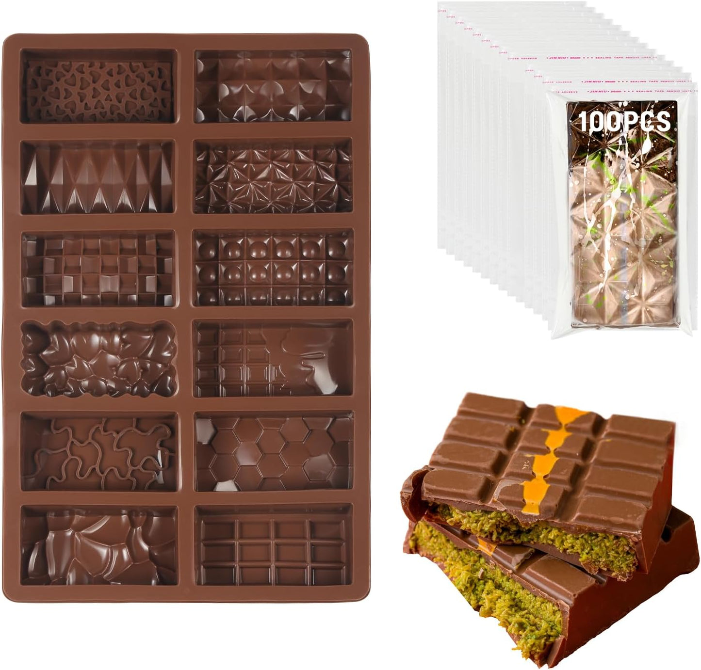 12 1 1 Inch 100Pcs In Chocolate Molds, Deep Dubai Silicone Chocolate Bar Mold with Storage Bag, Break Apart Non-stick