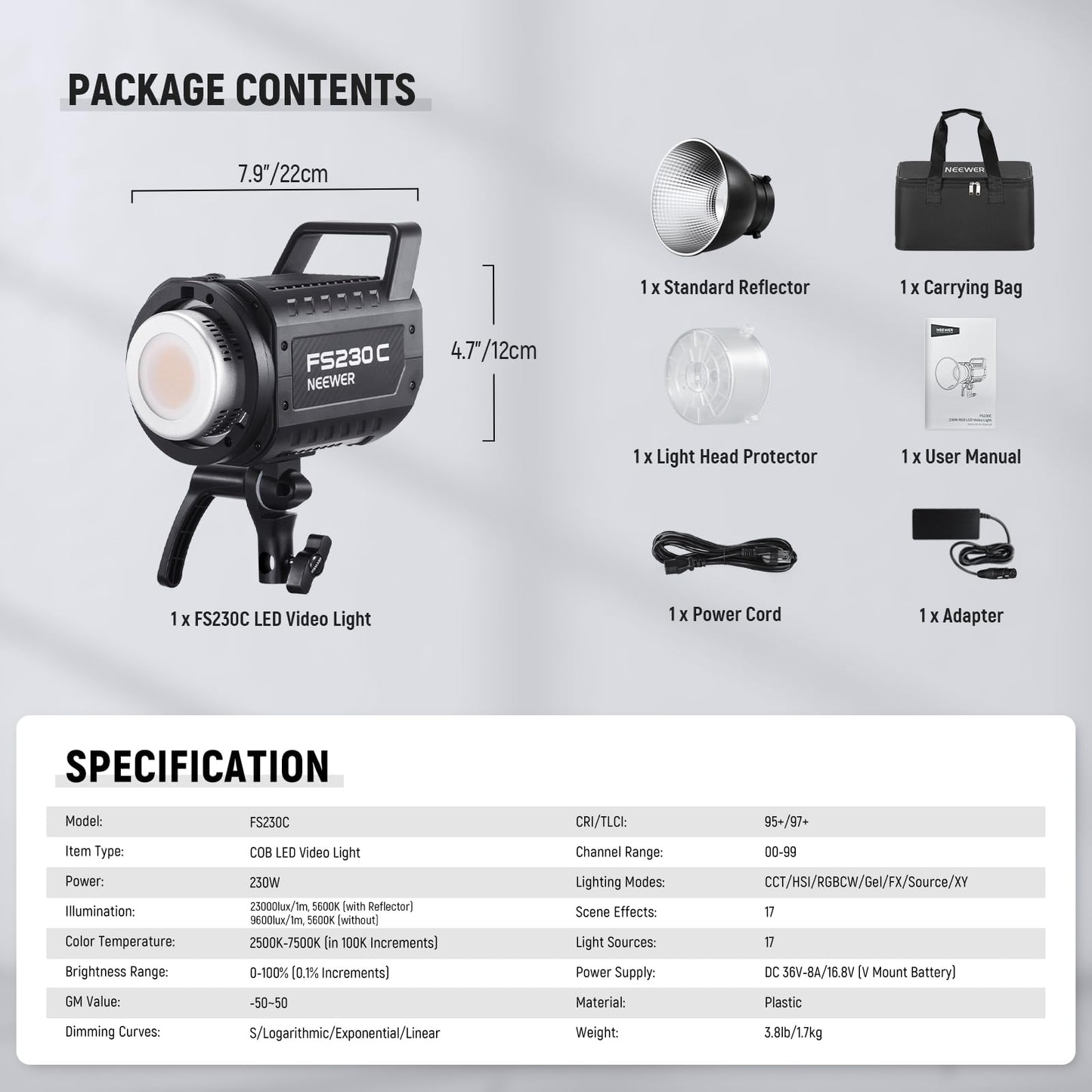NEEWER 230W High Power RGB LED Video Light, APP/2.4G Control, 2500K-7500K 23000lux/1m COB Continuous Output Lighting, 17 Effects CRI95+ Bowens Spotlight for Studio Photography Video Recording, FS230C