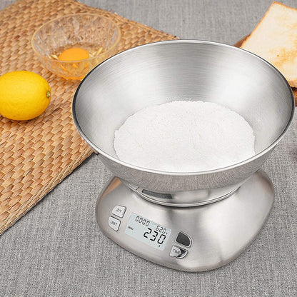 Digital Kitchen Scale with Removable Bowl 2.5L Volume, Electronic Stainless Steel Food Scale for Cooking Baking, Room Temperature, Alarm Timer, 12lb 5.5kg, Batteries Included