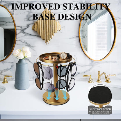 kondyfayo 360° Rotating Sunglass Organizer Storage, Stainless Steel Glasses Holder Stand, Glasses Organizer with Tray for Desk, Dresser, Tabletop, Nightstand and Home Decor (Gold)