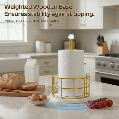 YATINEY Paper Towel Holder, Kitchen Paper Towel Holder for Countertop, Gold Paper Towel Stand with Wooden Base, Freestanding Kitchen Roll Holder, for Standard Size Rolls, Gold CJ05DW
