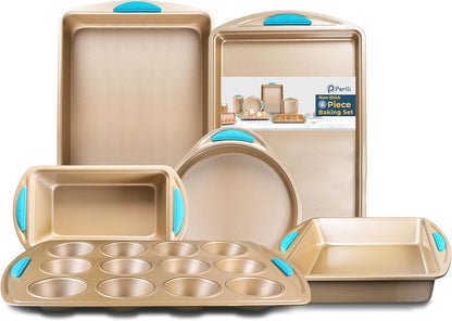 Perlli Nonstick Baking Kit - 6-Piece Gold Steel Oven Set with Silicone Handles | Round, Loaf, Square Pans & More