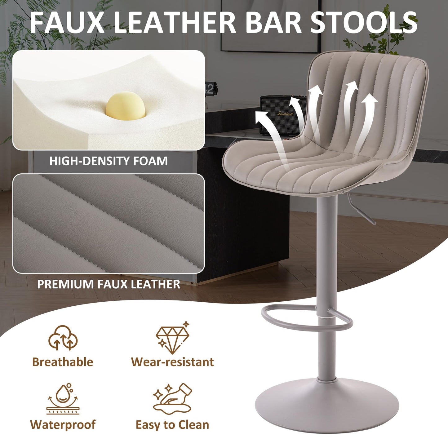 YOUNIKE Grey Bar Stools Set of 2 with Padded Back Adjustable Height Comfy Upholstered Faux Leather Bar Chairs Modern Swivel Kitchen Counter Barstools for Home Breakfast Island