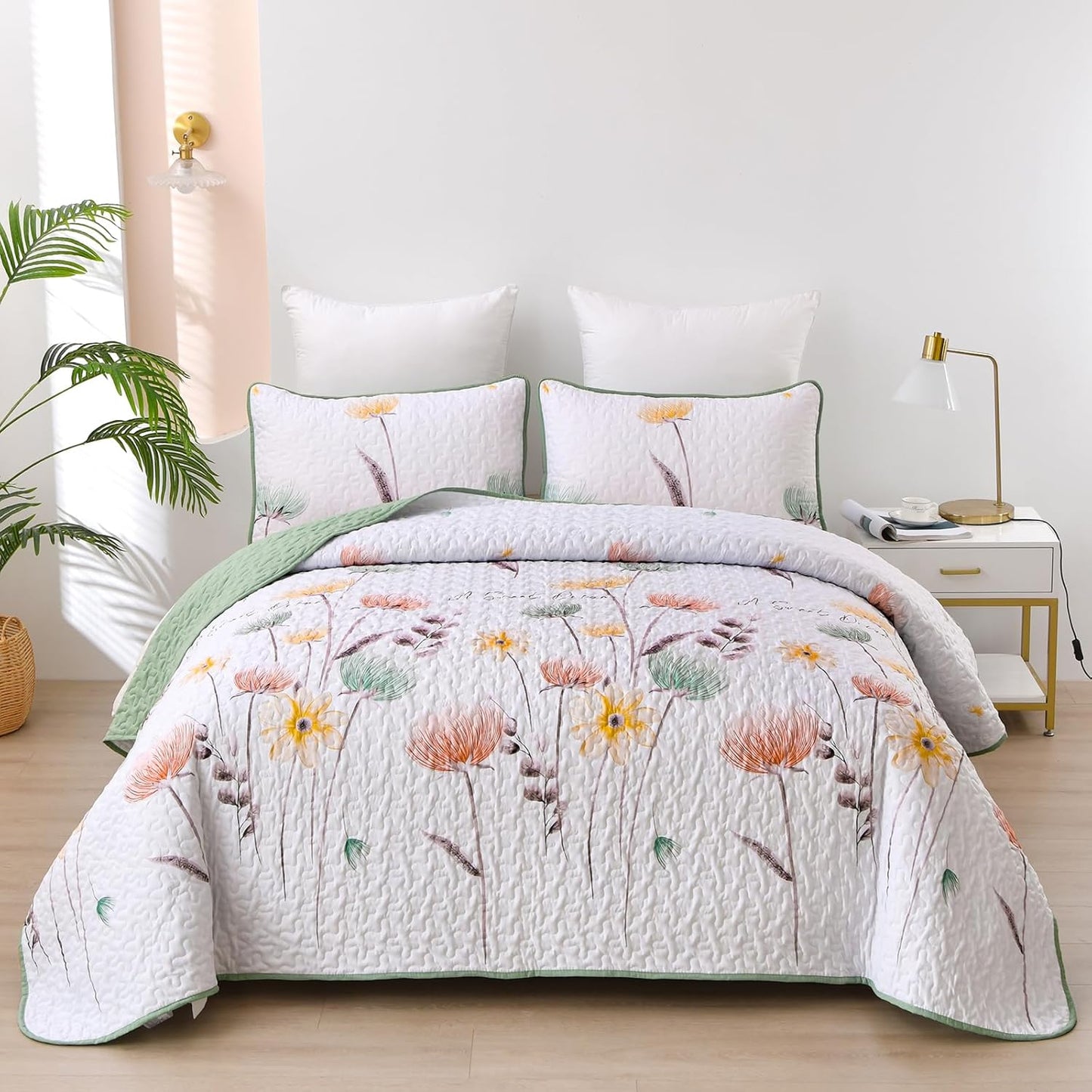 Set 2 Set Sets 68"x86" Dinjoy Floral Quilt Twin Size,Sage Green Bedspreads for Girls Pieces Cute Botanical Bedding
