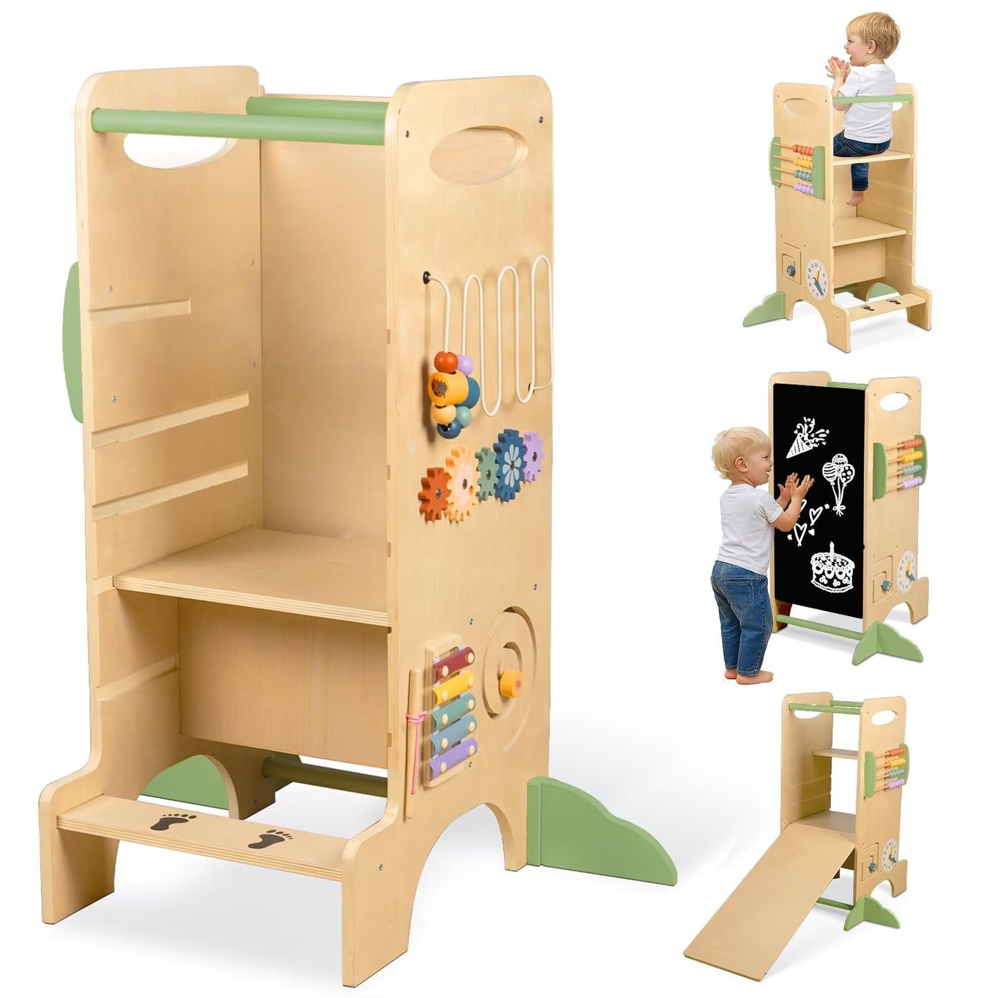 aiwo Toddler Tower Kitchen Step Stool, 3 Adjustable Height Standing Tower for Kitchen Counter, Chalkboard & Montessori Learning Activities