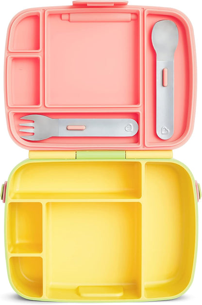 Munchkin Lunch Bento Box for Kids - Includes Stainless Steel Utensils, BPA-Free, Pink/Green/Yellow, 18 Months and Up