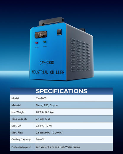 OMTECH 9L Industrial Water Chiller 2.6gpm CW-3000 Water Cooler for 40W K40 CO2 Laser Engraving & Cutting Machines, Water Cooling System Radiates 50W of Heat per Degree C
