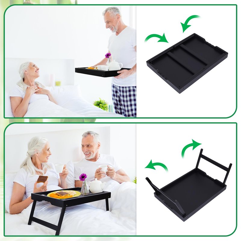 Artmeer Bed Tray Table with Folding Legs, Bamboo Breakfast Food Tray with Media Slot, Use As Platter, Laptop Desk, Snack, TV Tray Kitchen Serving Tray (Black Extra-Large Size)